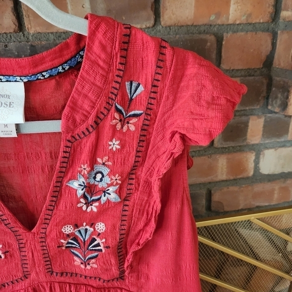 RED Bohemian 100% Cotton Ruffle Sleeved V Neck Dress. SIZE Medium - Picture 9 of 12